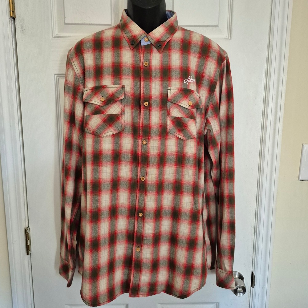 AKOO Mens Plaid Flannel Button Down Shirt Red Green Cotton XL RN98011